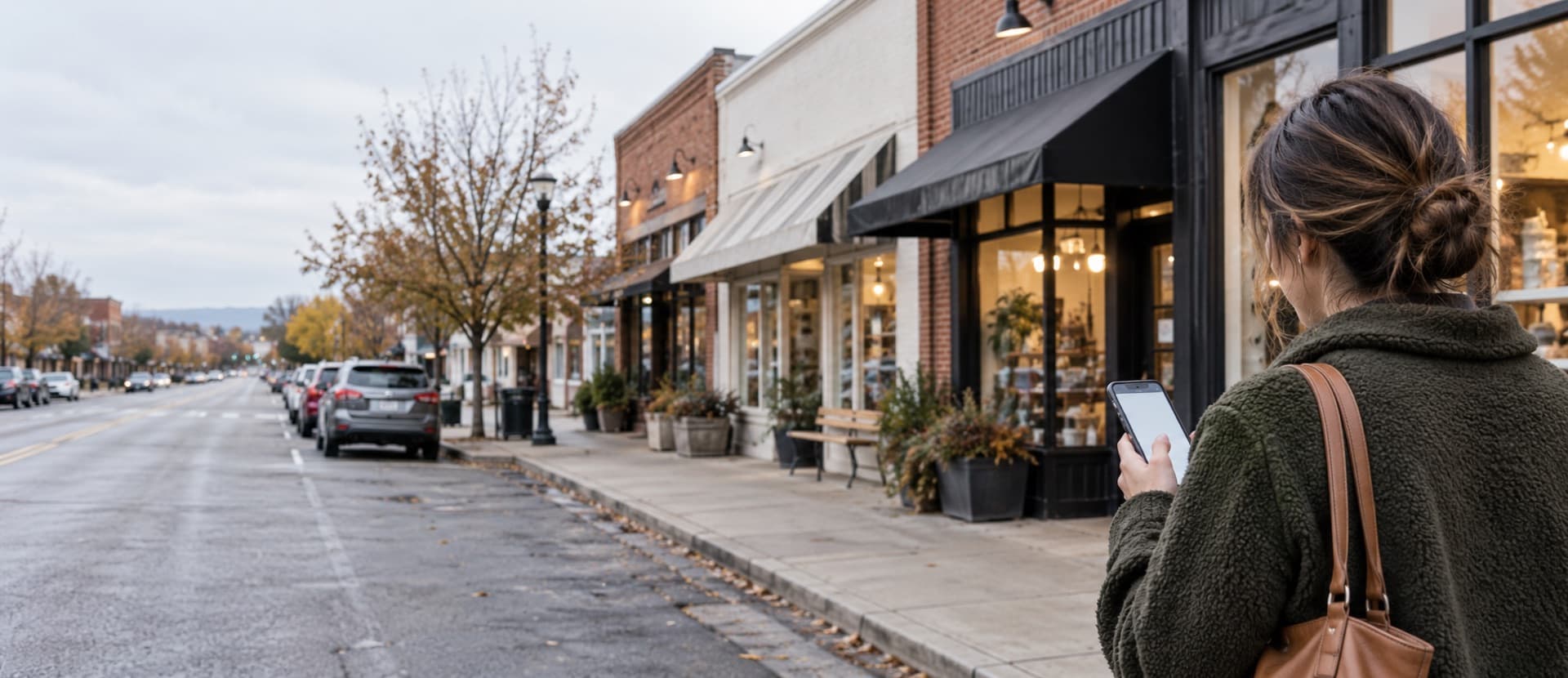 A shopper on a small-town main street checks her phone outside a row of local storefronts